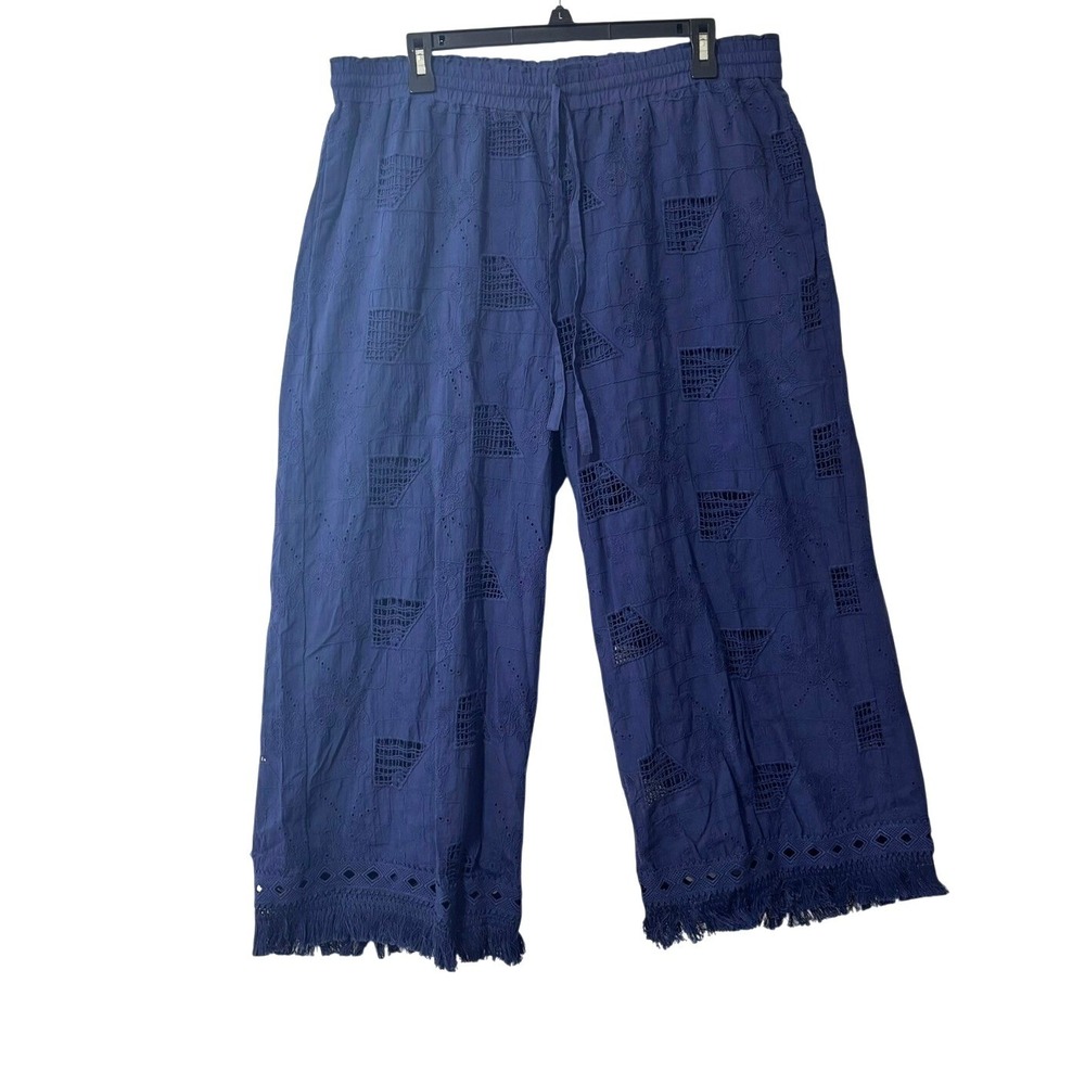 Johnny Was NWT Cotton Eyelet Fringe Cropped Wide Leg Pants Boho Beach Trousers
